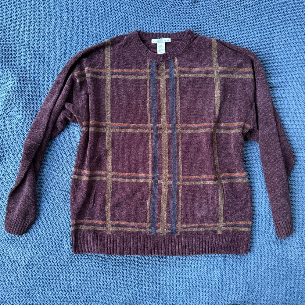 Geoffrey Beene Mens Large Knit Crew Neck Pullover Sweater Velour Grandpa Plaid